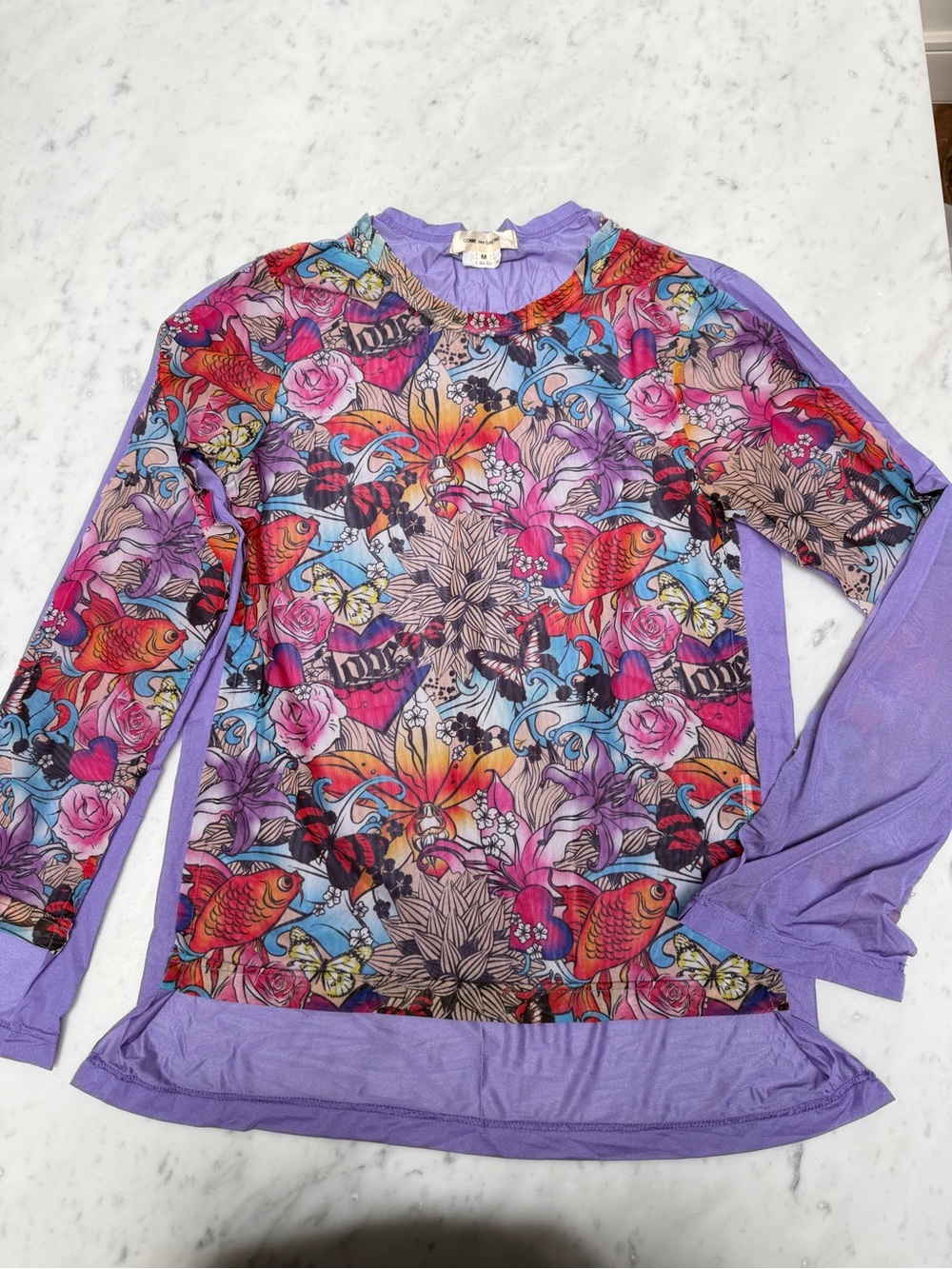 Comme des Garçons Vibrant Floral & Koi Print Long Sleeve Top in Lavender